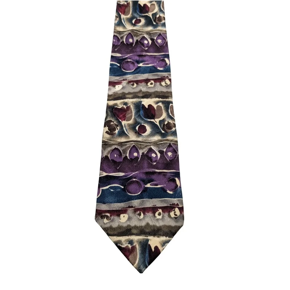 J Riggins Necktie Mens 4W‎ Purple Hunting Horn Abstract Silk Vintage 90s Tie